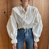 2023 Vintage Casual Zarif Üstleri Kadın Hollow Out Kadın Gömlek Katı Uzun Kollu Kore Tarzı Yay Gevşek Bluzlar Blusas 9580