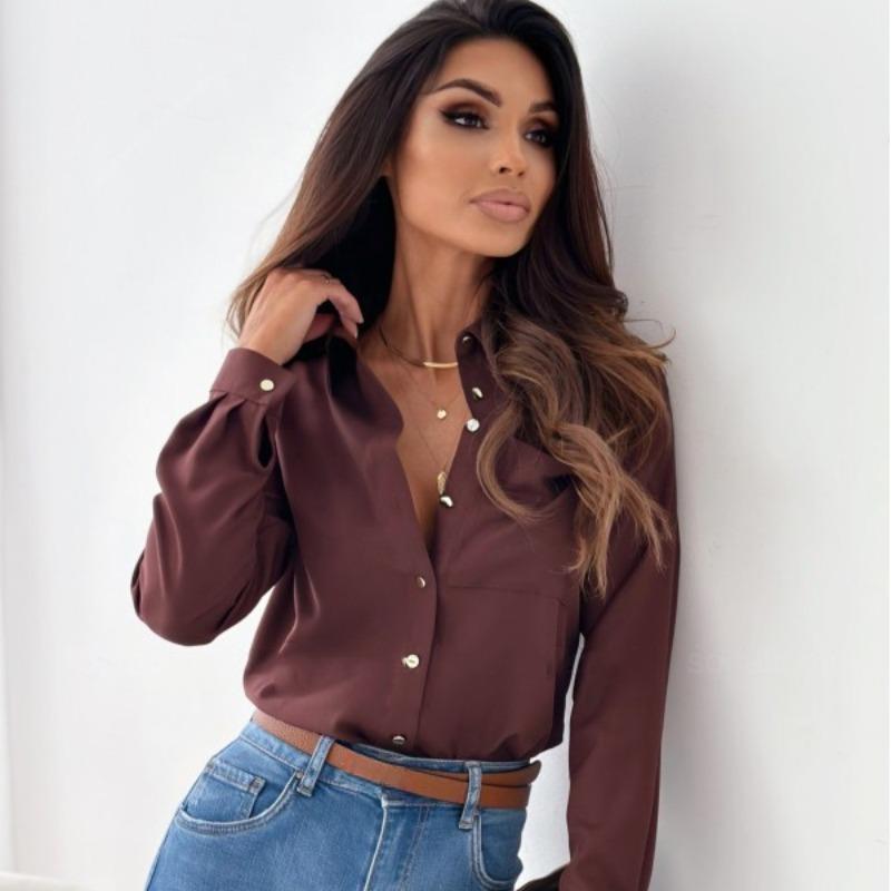 TIFICY Women's Fashion Casual Spring Fall Solid Color Print Long Sleeve POLO Neck Blouses & Shirts
