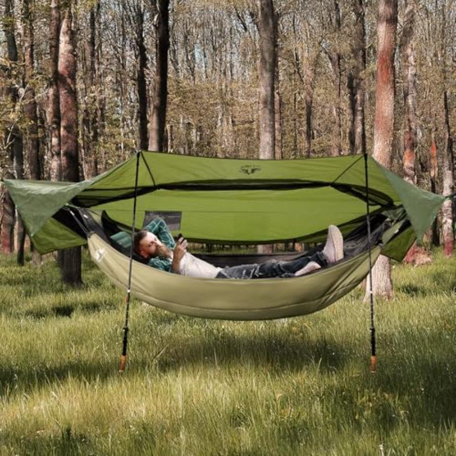 Lightweight Portable 4 in 1 Hammock Tent with Rain Tarp and Mosquito Net for Hiking Jungle Outdoor in Blue