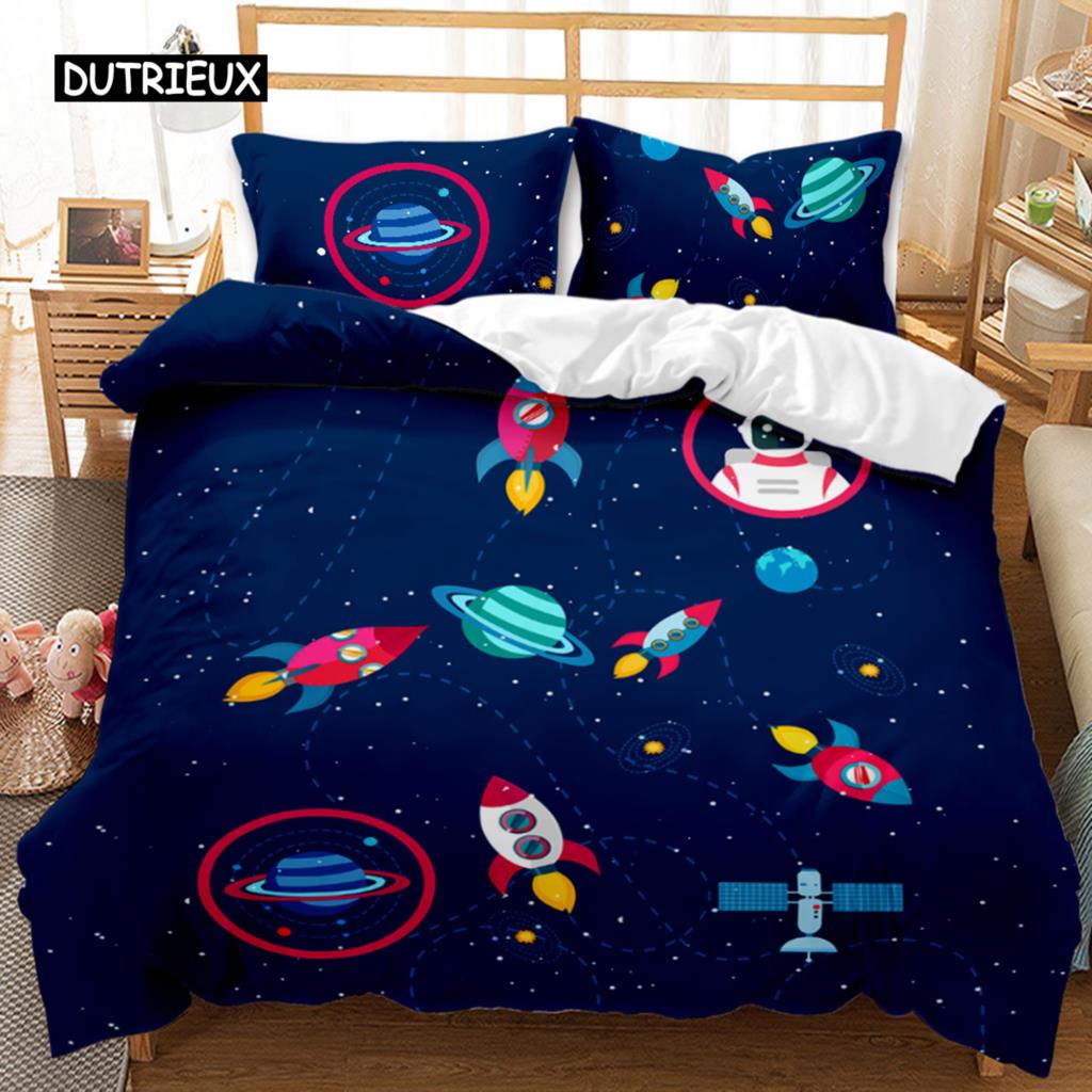Astronaut Duvet Cover Set Outer Space Tourist Comforter Cover Set for Kids Boys Universe Planet Polyester Quilt Cover Queen King