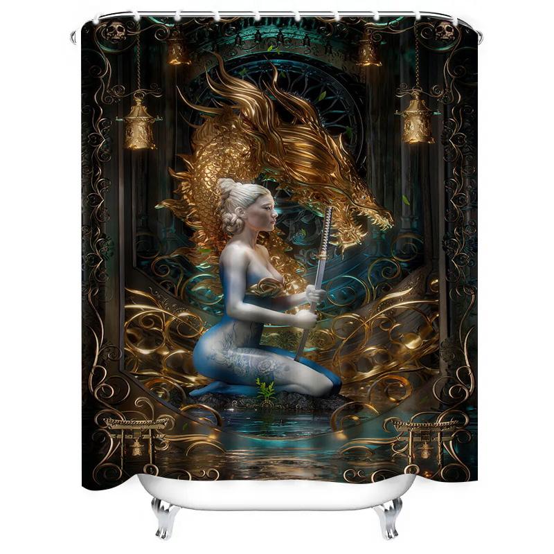 Golden Dragon Shower Curtain Fantasy Mythical Creature Bath Decor Wall Hanging Waterproof Fabric with Swordsman Lady Artistic De
