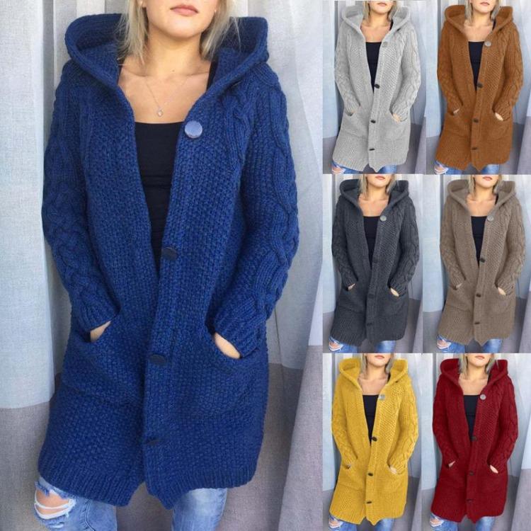 Plus Size Women Knit Sweater Hooded Cardigan Jacket Thickened Long Autumn Winter