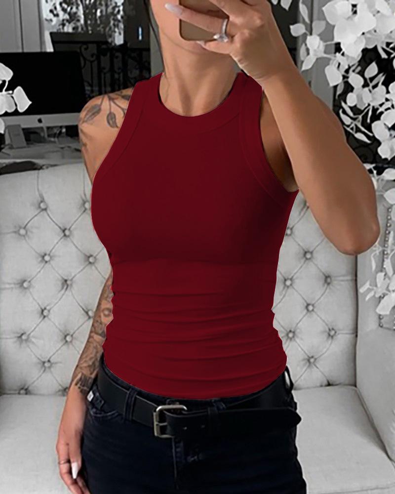 New Summer Round Neck Solid Color Sleeveless Slim Top Women's Vest