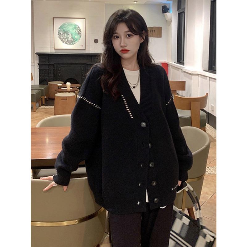 Autumn Winter Patchwork Loose Casual Cardigan Sweater Coat Women Single Breasted Knitting Outwear Top