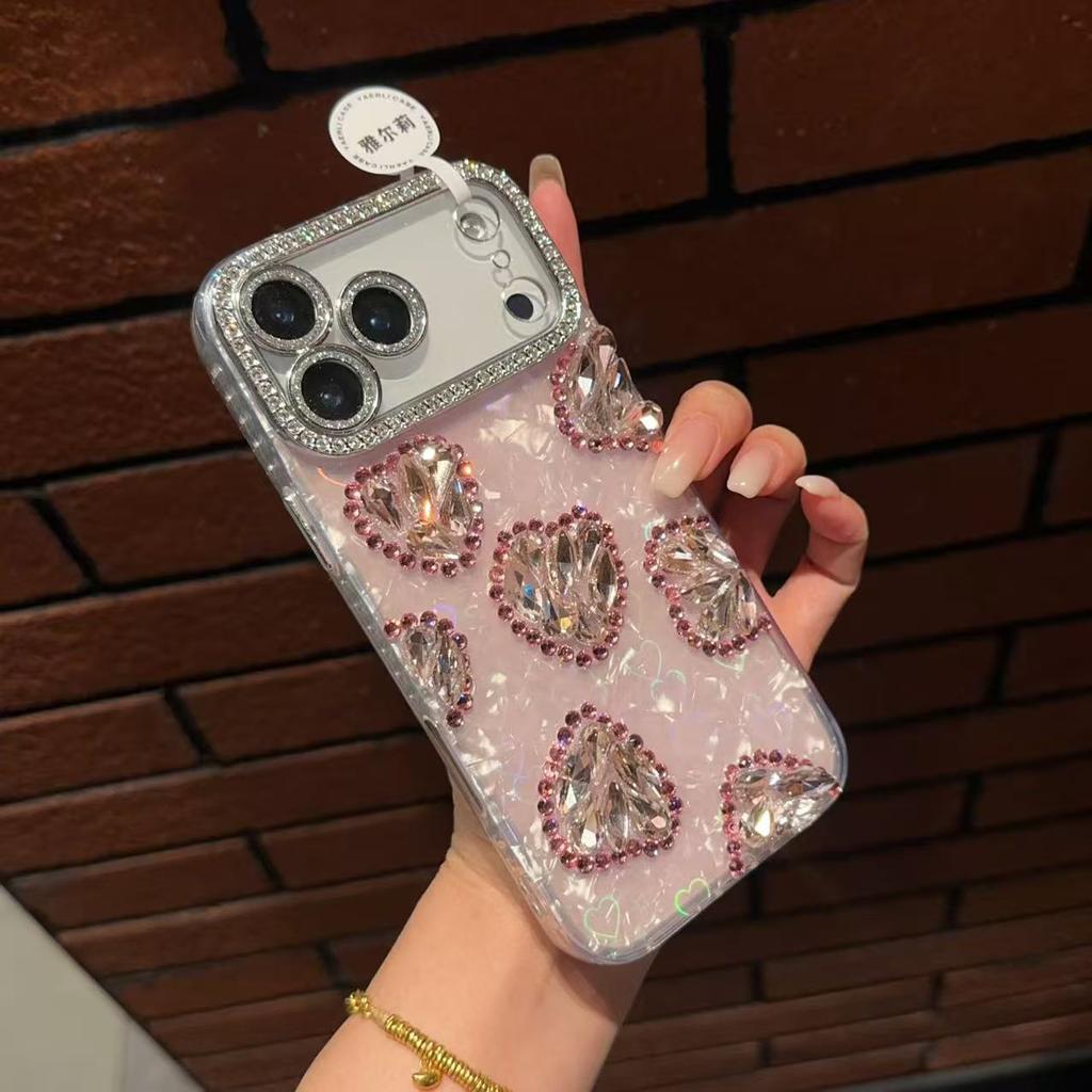 Luxury love shell pattern is suitable for iPhone17promax mobile phone case Apple 16 love rhinestone 12 fine hole women