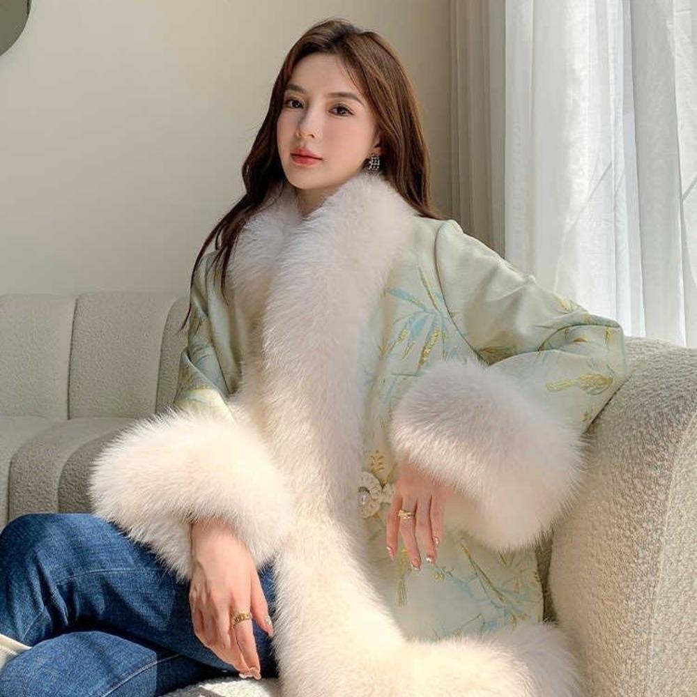 Satin National Style Buckle Imitation Fox Fur Coat Women's Young Fur Coat Winter New