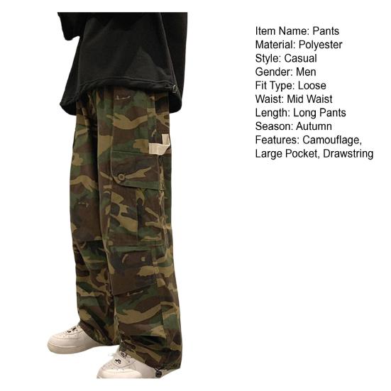 Men Cargo Pants Camouflage Drawstring Elastic Waist Wide Leg Autumn Vintage Jogging Trousers Streetwear