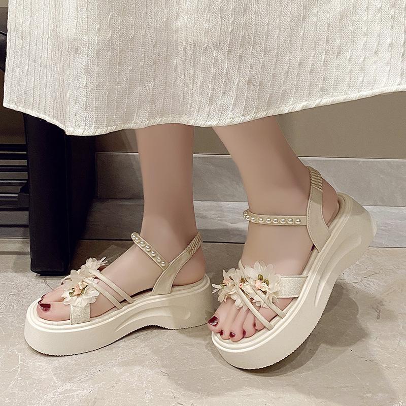 Summer New Sandals for Girls Pearls Beading Soft Platform Kids Casual Open-toe Beach Party Shoes with Bow-knot