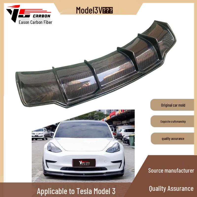 Tesla Model 3 V Style Carbon Fiber Body Kit: Front Lip, Side Skirts, Rear Wing, Rear Lip.