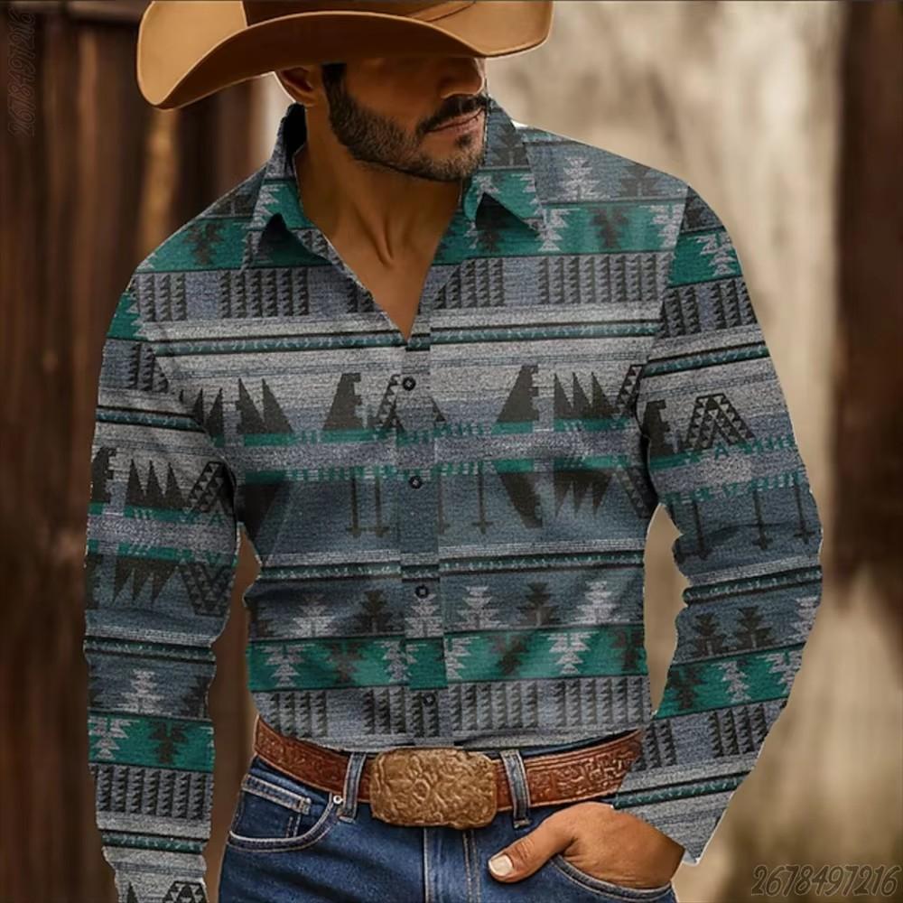 Autumn Winter New Men Clothes Ethnic Tribal Style 3D Digital Print Long Sleeve Shirt Tops Men Lapel Shirt