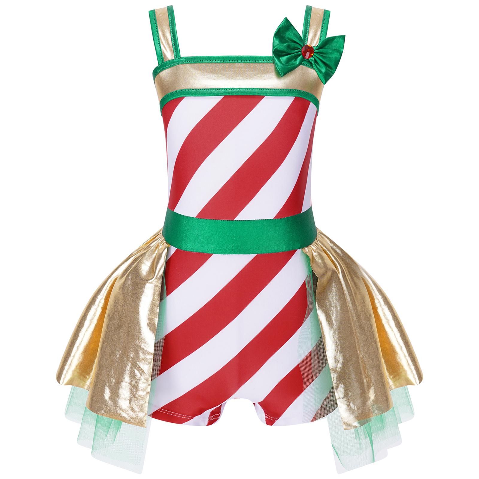 

Girls Christmas Jumpsuit Striped Design Rhinestone Bow Adorned Ruffle Skirt Shorts Bodysuit Cosplay Costume 3-4 Years червоний
