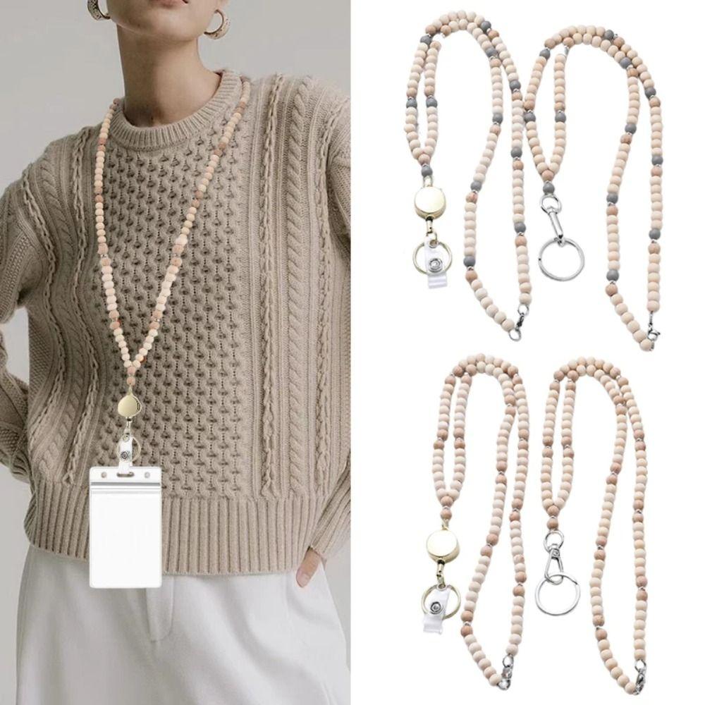 Retractable ID Badge Holder Lanyard Natural Wood Bead Bead Teacher Lanyard  School Use