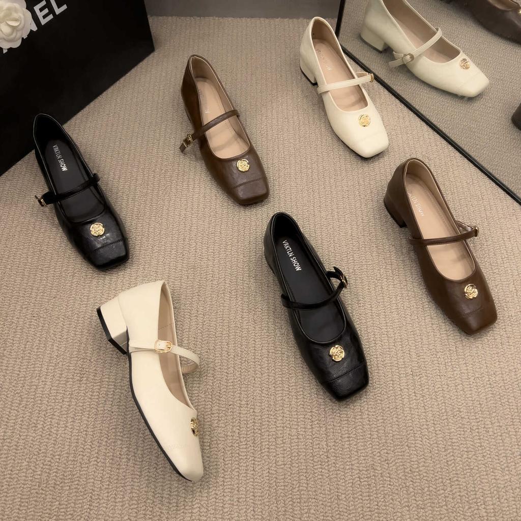 French Maternity Soft Leather Small Fragrant Square Head Female 2025 Autumn Model One-word Buckle Light Mouth Thick Heel Commuting Single Shoes Female