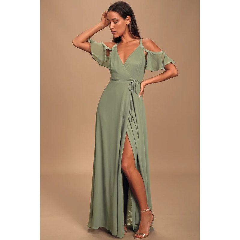 Lu's Export Single Boutique Model Unexpected Elegance Split Long Legs off-the-Shoulder Strap One Piece Formal Dress