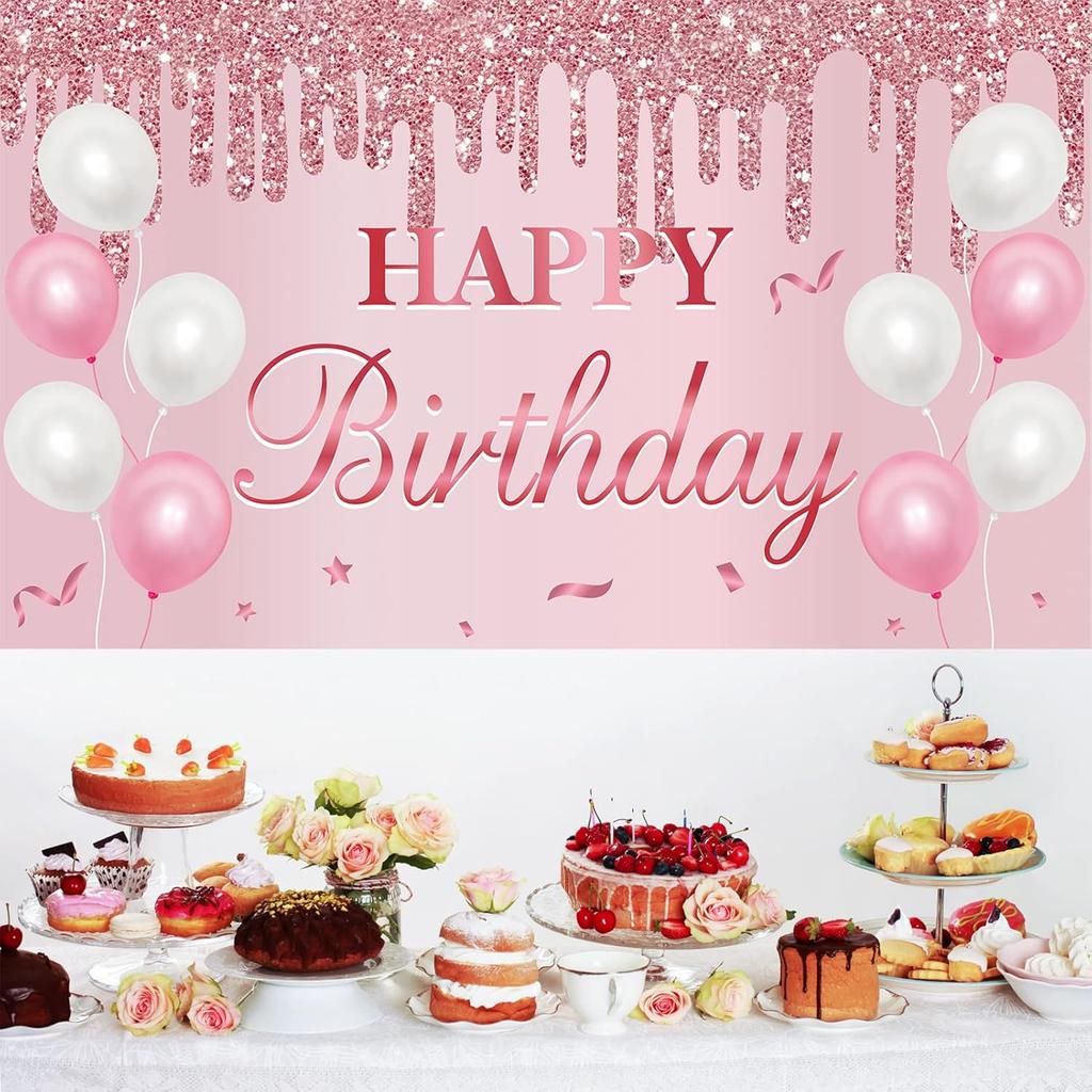 Pink Birthday Banner - Happy Birthday Banner Backdrop Decorations Sign Party Supplies