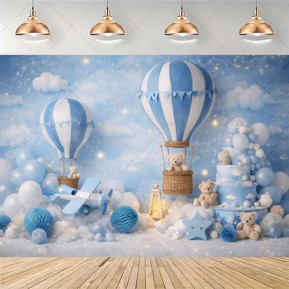 Teddy Bear Hot Air Balloon Backdrop Banner Newborn 1st Birthday Party Decoration Background Baby Shower Photography Studio Props