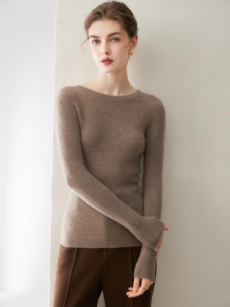 Women's Winter 2026 Pure Cashmere Ribbed Slimming Sweater - Round Neck, Sweet Style Pullover.