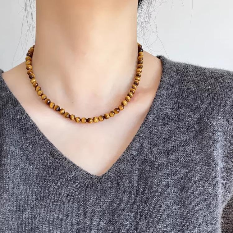 Stainless Steel Tiger Eye Beaded Necklace Choker with Yuanbao Buckle - Chinese Light Luxury Autumn/Winter Sweater Chain