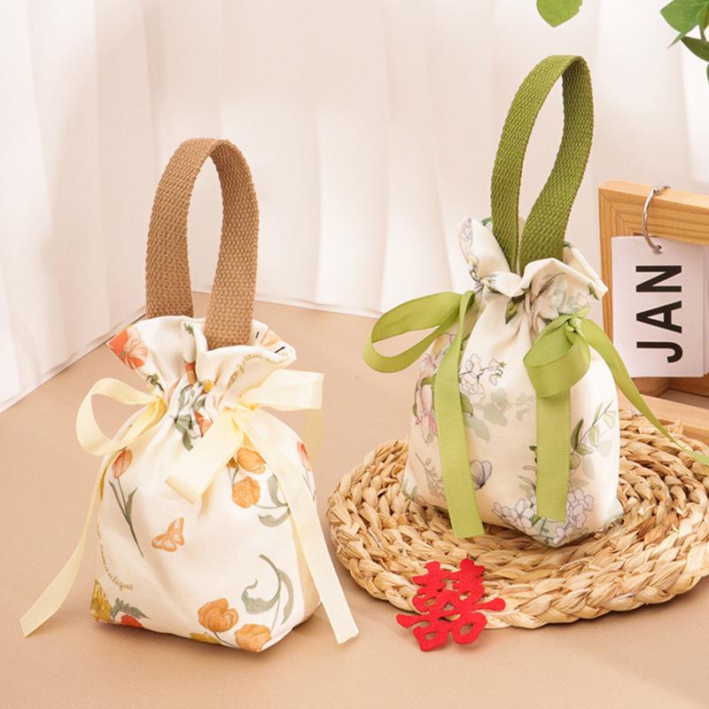 Floral Canvas Drawstring Bag Small Flower Pouch Jewelry Packaging Bag Wedding Candy Christmas Gift Packaging Bag Bowknot Bag