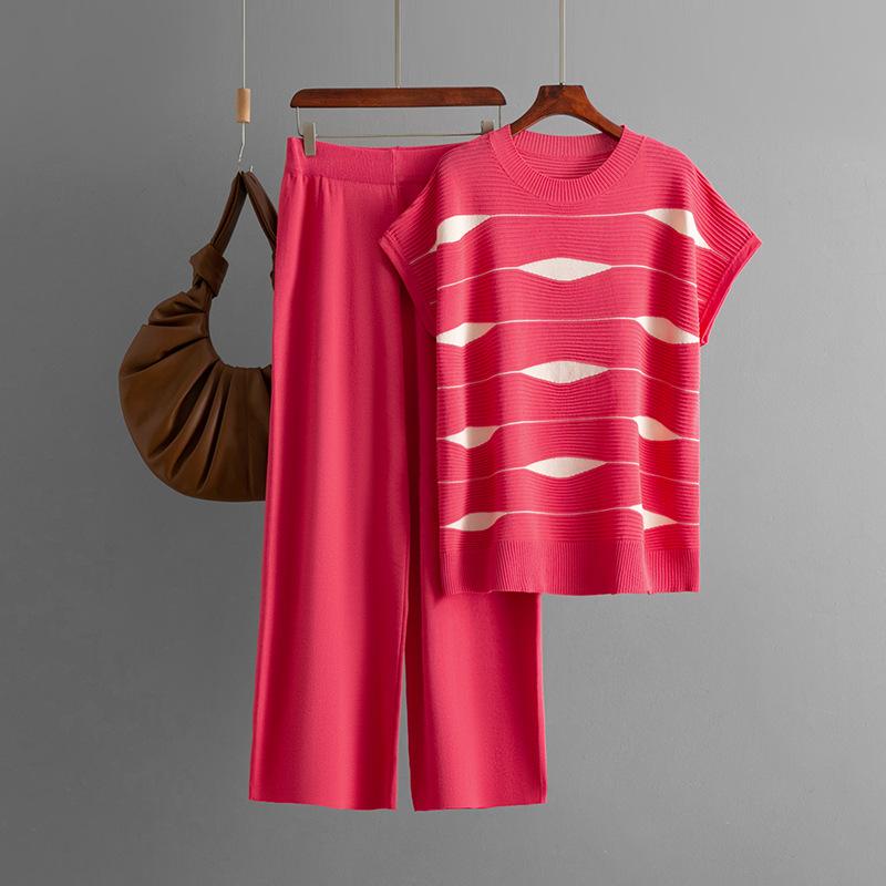 Fashion suit women's summer new striped knitted sweater top + high waist wide leg pants casual two-piece set