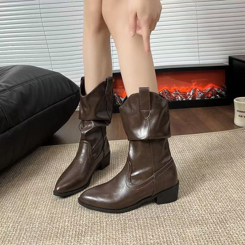 Leather Brown Boots Maillard Boots Western Cowboy Boots Medium Boots Knight Boots Thick Heel Pointed Pile Boots