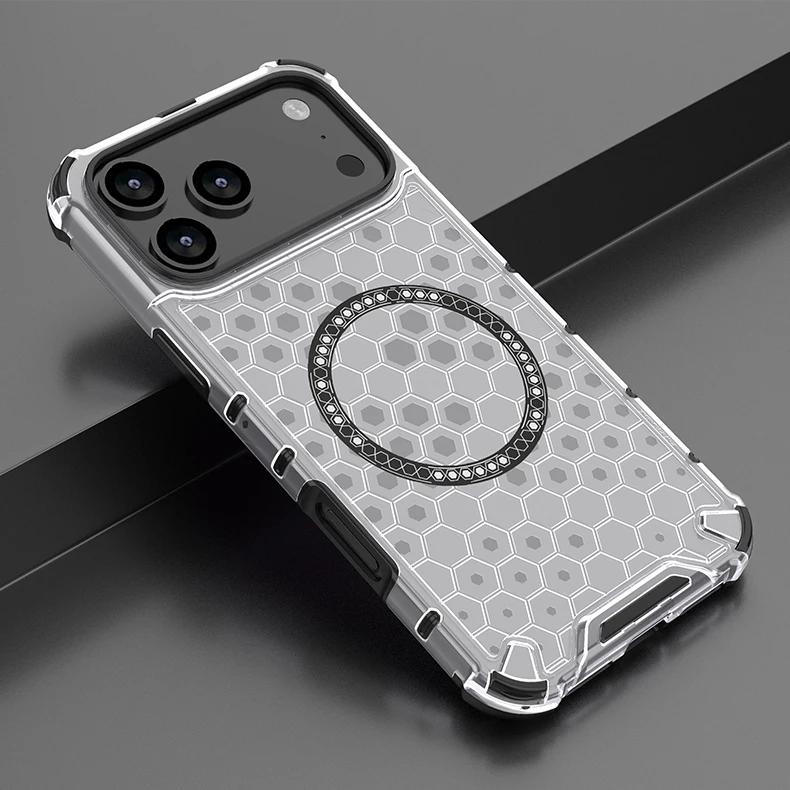 Honeycomb Texture Armor Magnetic Clear Phone Case for IPhone 17 Air Pro Max Magsafe Wireless Charging Silicone TPU Protect Cover