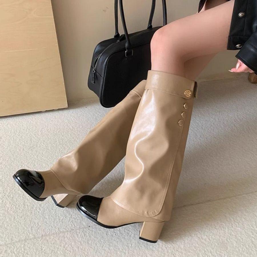 High Heel Knight Boots Women's Leather Patchwork Over Knee Long Tube Boots Round Head Not Knee High Fashion Boots Winter Season