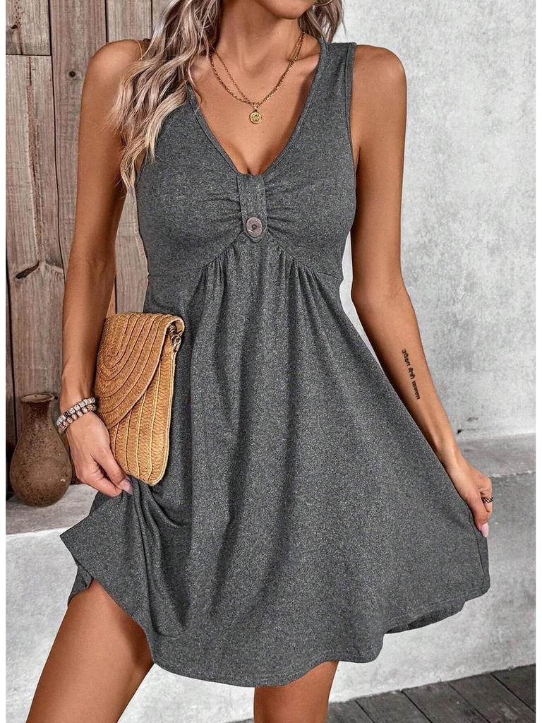 2026 Women's Short Sleeve V-Neck Button Dress - Solid Color Spring/Summer Collection