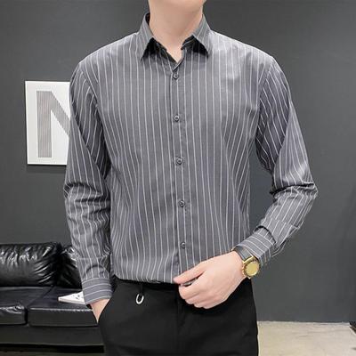 Men Dress Shirt Stripe Print Single-breasted Turn-down Collar Long Sleeves Formal Business