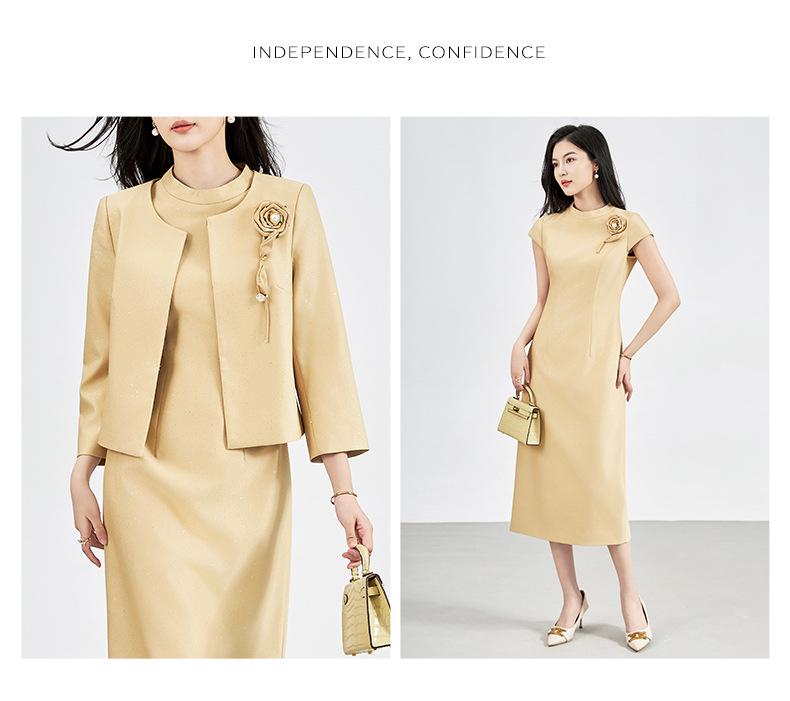 Set elegant jachetă cu gât rotund și rochie cu model floral în relief