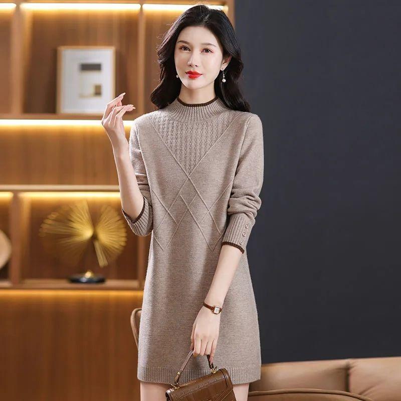 

Пуловер средней длины для женщин Осень и Зима Корейский стиль Водолазка Свободный свитер Однотонный Повседневный вязаный свитер 3XL хаки