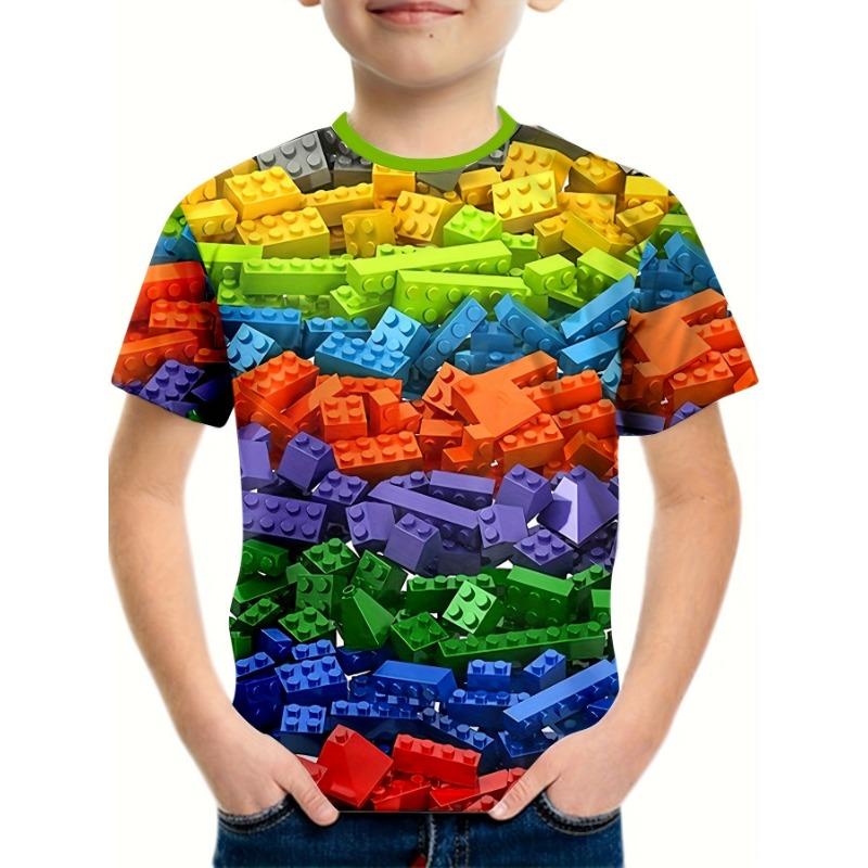 Kinderkleidung Jungen T-Shirt Kurzarm Kinder T-Shirt Mode Bausteine 3D-Druck Top Kinder Sommerkleidung Mädchenkleidung