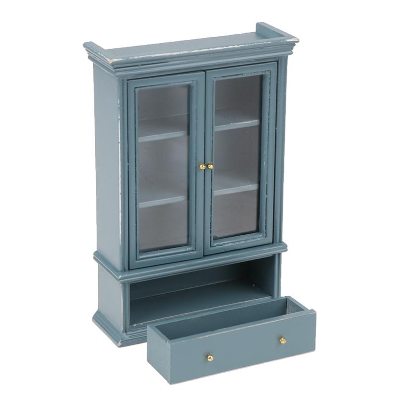 1PC 1:12 Dollhouse Miniature Furniture Haze Blue Double Door Glass Cabinet Cupboard Bookcase Model For Dollhouse Decor DIY Toys