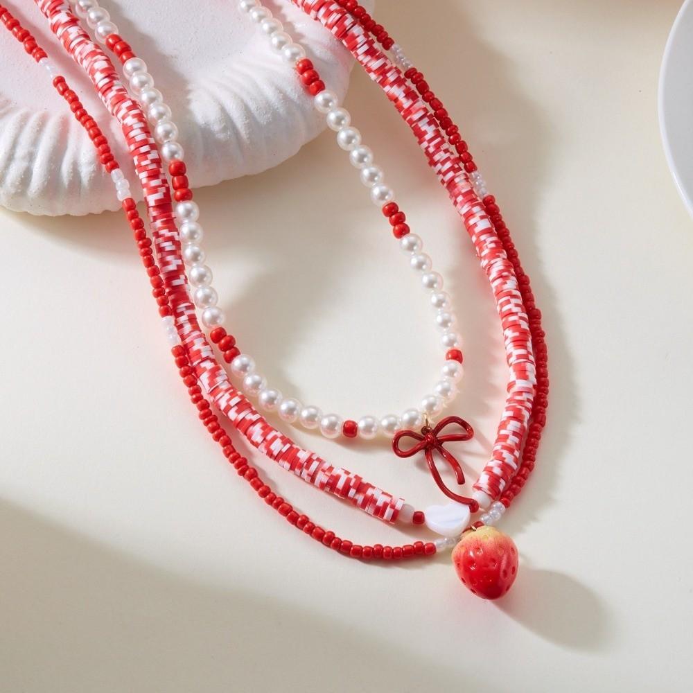 Red Fruit Pearl Beaded Necklace Multi-layer Strawberry Necklace Trendy Cherry Beads Necklace Women