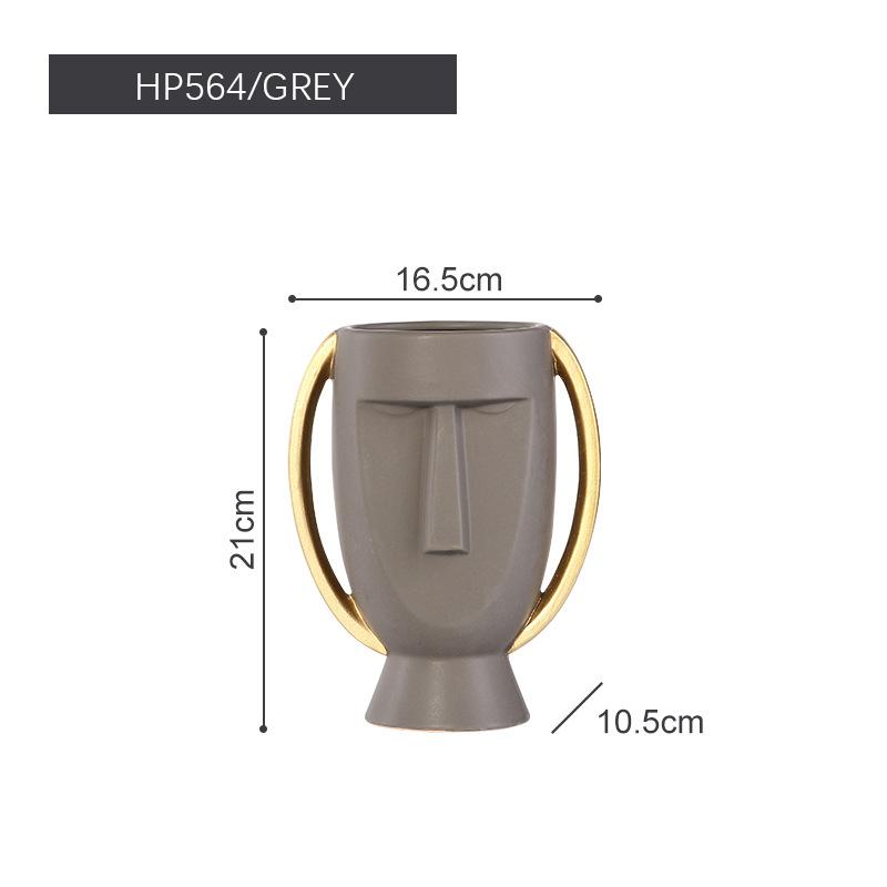 Ceramic Abstract Face Vase Home Decoration Ornament Head Flower Vase with Golden Ear Handle Table Art Statue