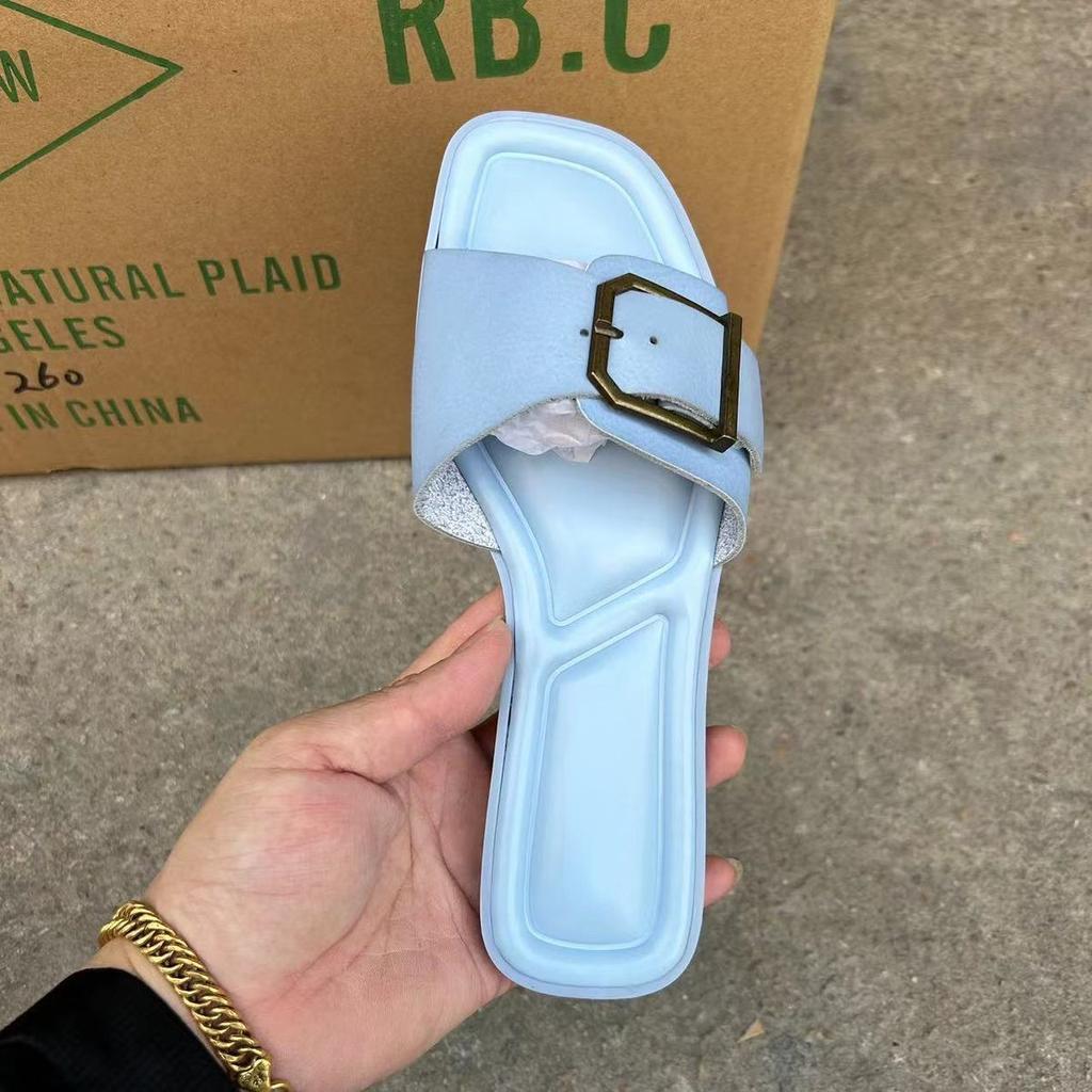 Fashion Buckle Decoration Women's Slippers 2024 Summer Flat Bottom Beach Casual Shoes Female Footwear Brand Design Soft Leather Slides