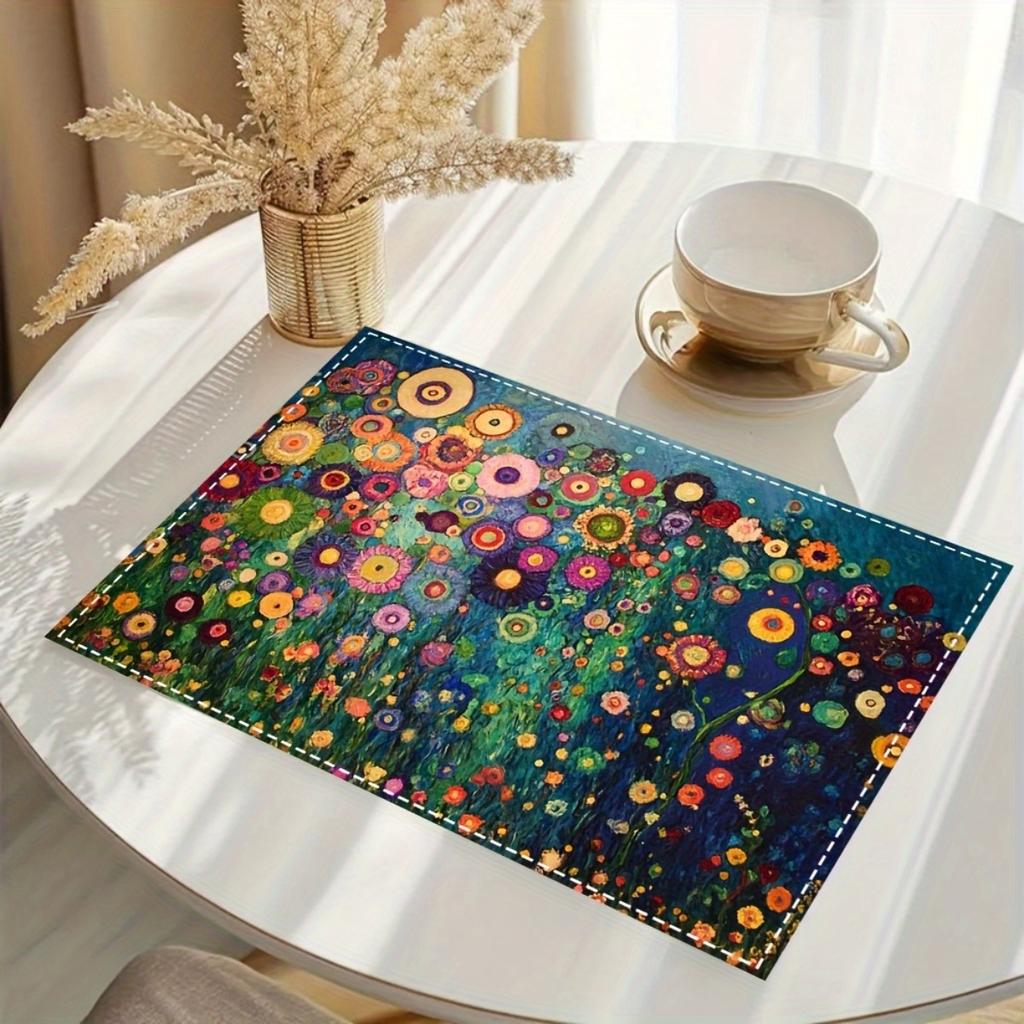 Of 4 Placemats Featuring Gustav Klimt'S Floral Designs, Stylish Printed Patterns, Faux Linen Table Mats Suitable for Dining, Kitchen 12.0X18.0 Inch.