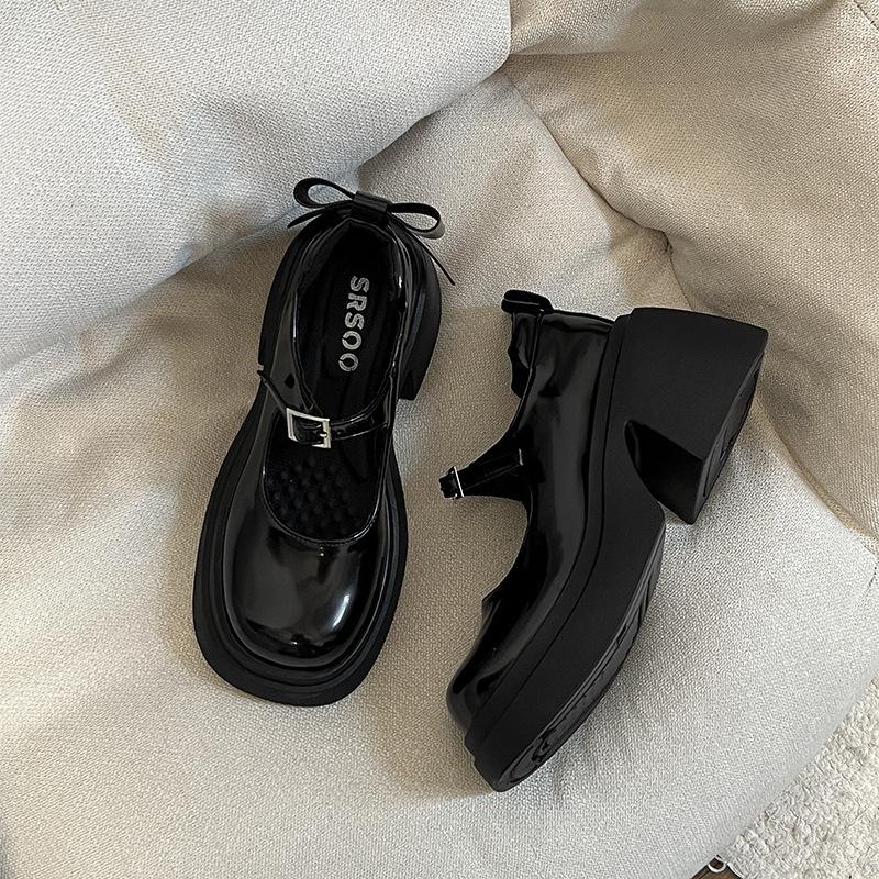 

Черные туфли на высокой платформе в стиле ретро, женские, маленькие кожаные туфли 2025 года, новые осенне-зимние туфли с круглым носком и толстым каблуком, туфли Мэри Джейн, одинарные туфли 35 чёрный
