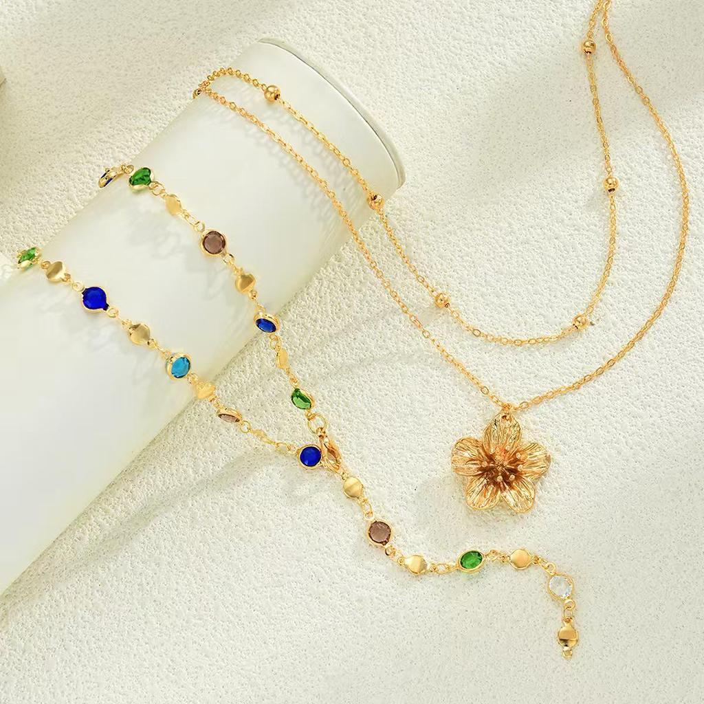 Elegant Y-Shaped Color Diamond Flower Necklace Set - Light Luxury Layered Two-Piece Design