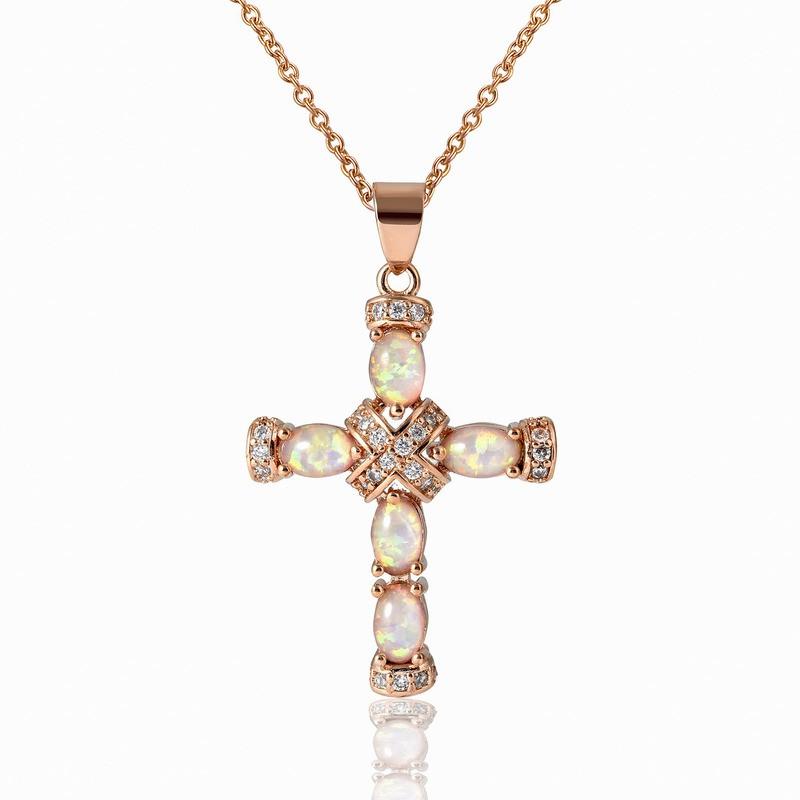 Opal Cross Pendant Necklace Women Copper Chain With White Blue Rose Gold Gemstone 45cm5cm Adjustable Geometric Design