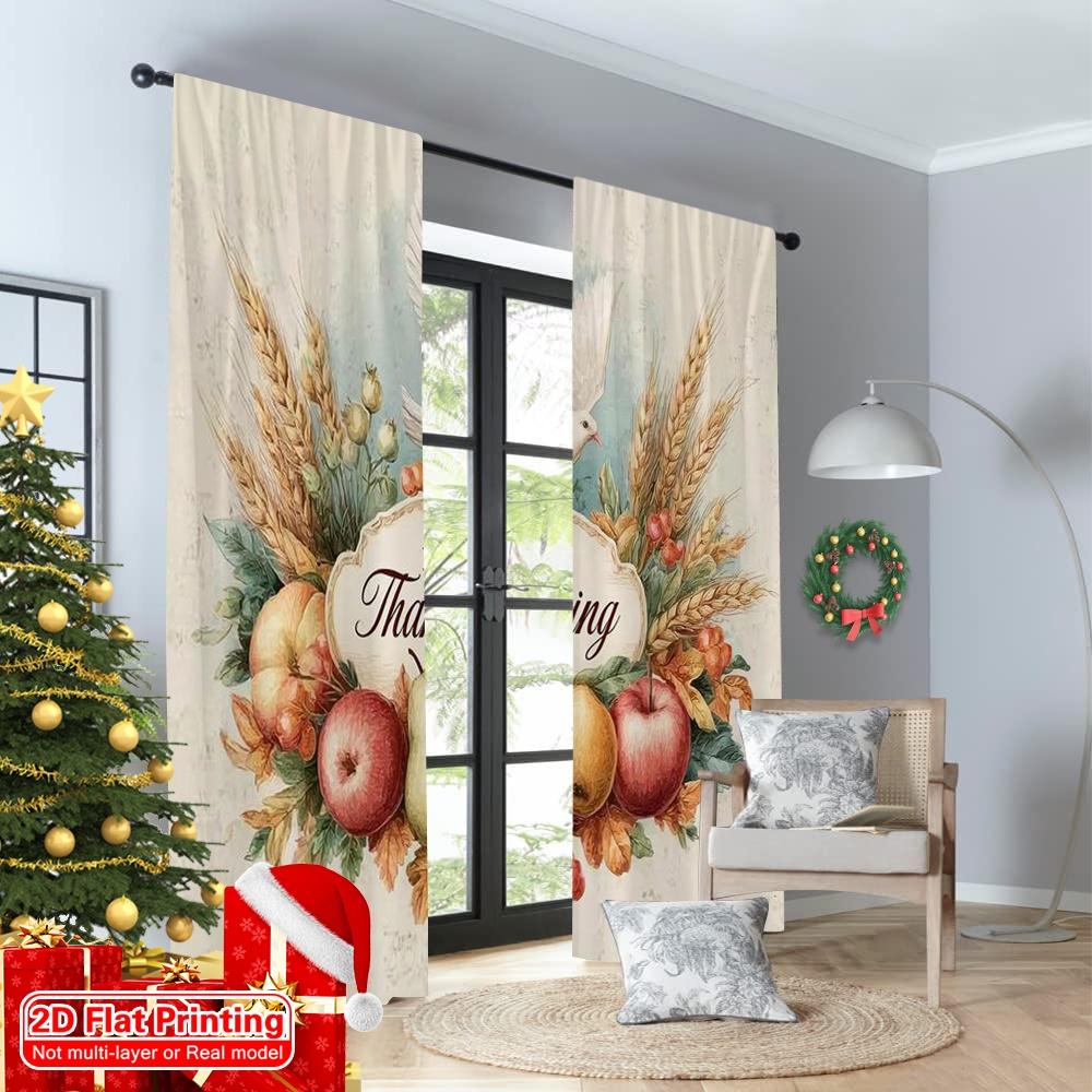 2pcs 2D flat printing Merry Christmas Window Drapes happy Thanksgiving flowers Versatile 100% Polyester Without Electricity