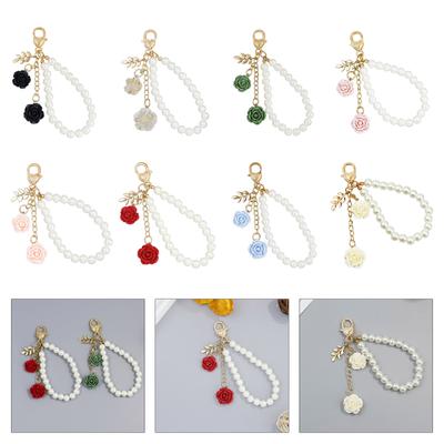 Stylish Faux Pearls and Rose Key Holder Beaded Key Chain Bag Charm Lightweight Keychain Ornament for Women Girls