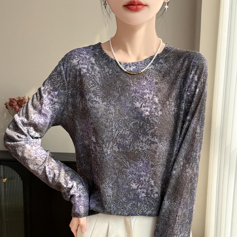 Jarní a letní nový styl Kulatý výstřih Pletený svetr Dlouhý rukáv Dámský Design-Potisk Volný Základní vrstva Top Lehký