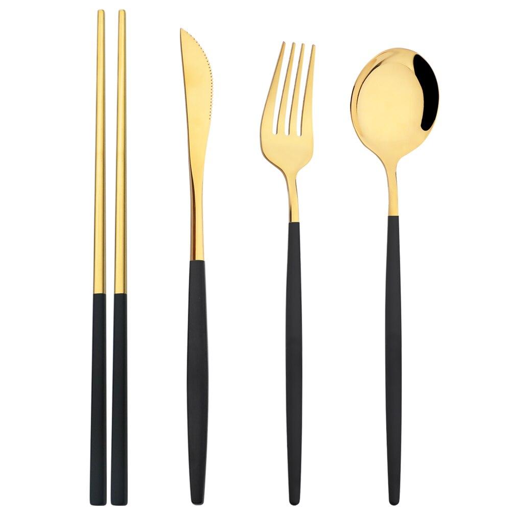 4Pcs Mirror Stainless Steel Tableware Gold Portable Dinnerware Knife Fork Spoon 304 Chopsticks Cutlery Set Western Flatware Set