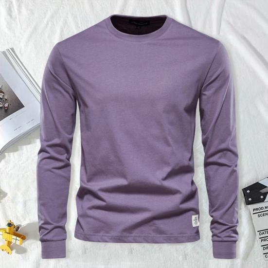 Men Tops Solid Color Cotton Pullover Comfortable Anti-pilling Crew Neck Elastic Cuff Long Sleeve Skin-touch Autumn T-shirt Daily Clothes