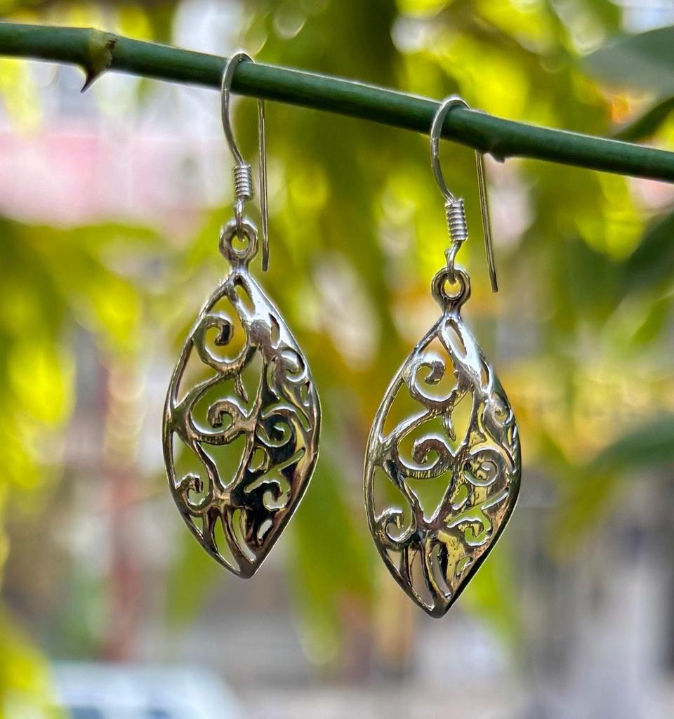 925 Sterling Silver Oxidized Danglers Earrings JHUMKA, Long Linear Earring, Cutwork FREE SHIP, 2.15 Gm