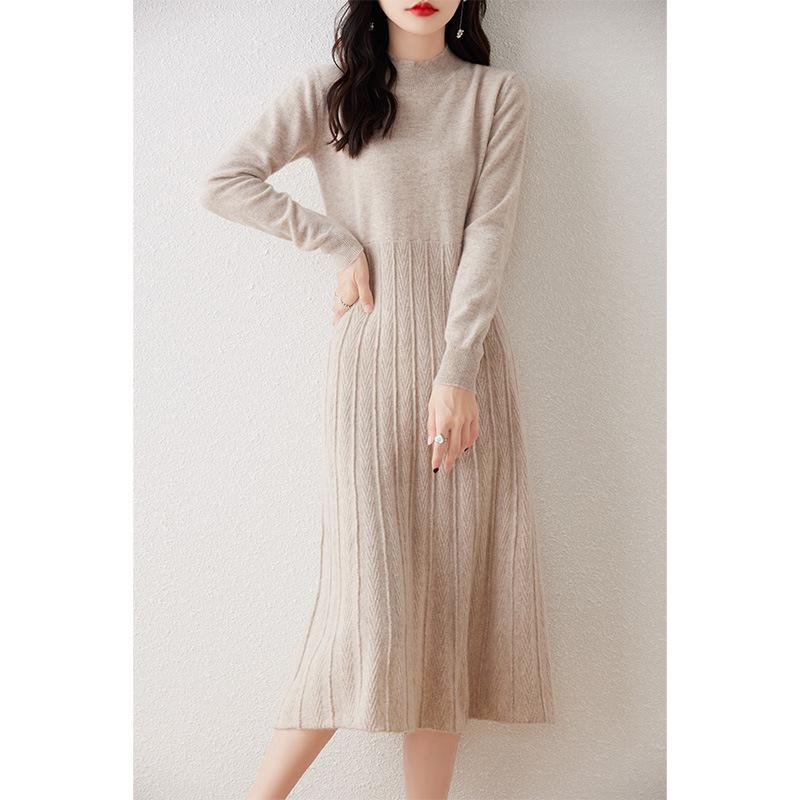Elegant Merino Wool Women's Bodycon Knit Dress - New Style with Half High Neck and High Waist Design