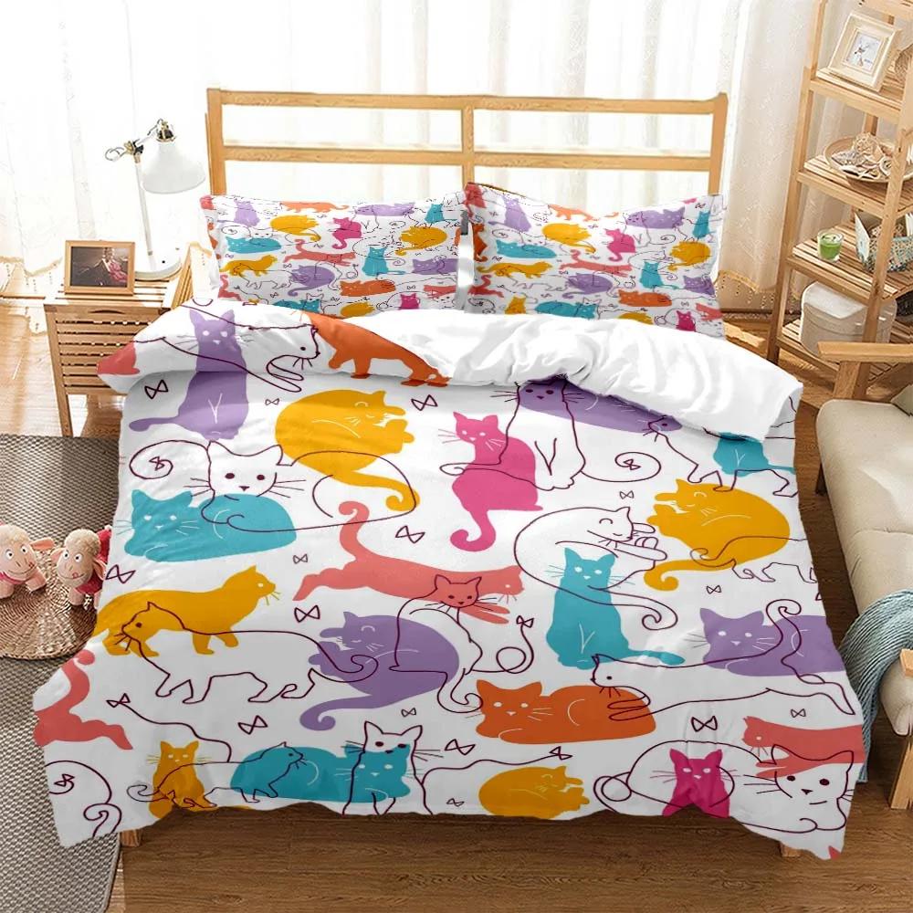 Cute Cat Print Quilt Cover Pillow Cover Bedding Set Luxury Queen Bedding Set Cute Style Customized Boys Bedding Set