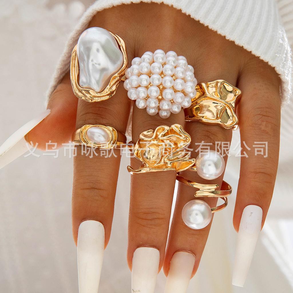 European and American design liquid lava flower opening ring ins baroque imitation pearl set gemstone ring