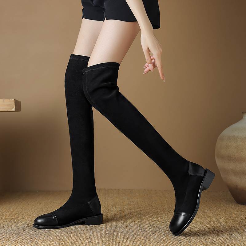 Krazing Pot Flock Autumn Winter Shoes Low Heels Size 43 Long Boots Slip On Stretch Over-the-knee Boots